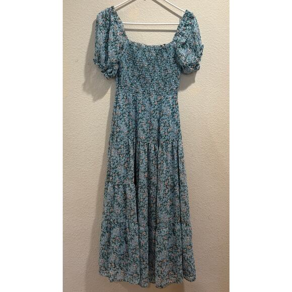 ASTR The Label Blue Pink Floral Sweetheart Neck Smocked Midi Dress Size S - Picture 2 of 6